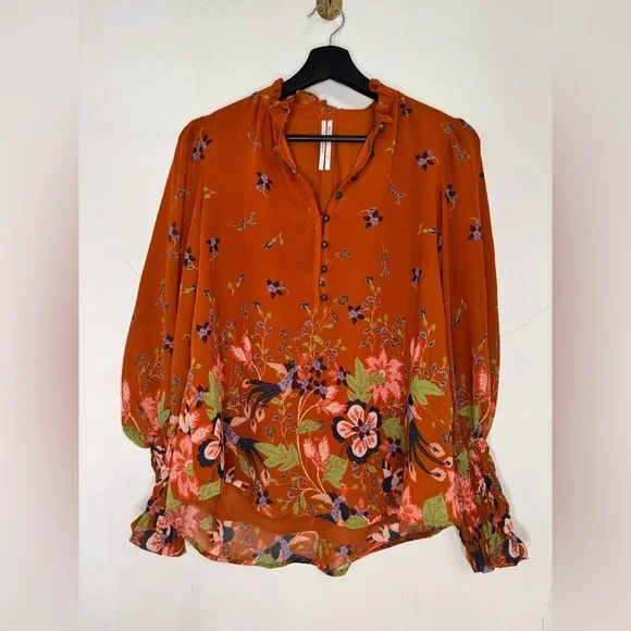 Women’s Anthropologie Boho Floral Motif Chiffon Festival Puff Sleeve Blouse - Picture 2 of 8